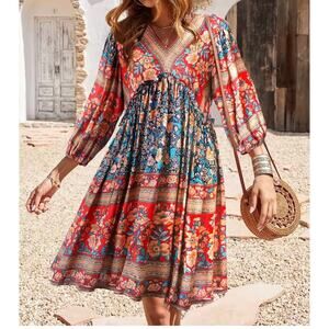 Boho Short Dress M Multi Pattern NWT Fall Western Vibes Viscose